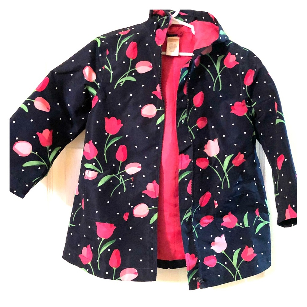 Gymboreee Girls XS 3-4 Navy Tulip Hooded Raincoat